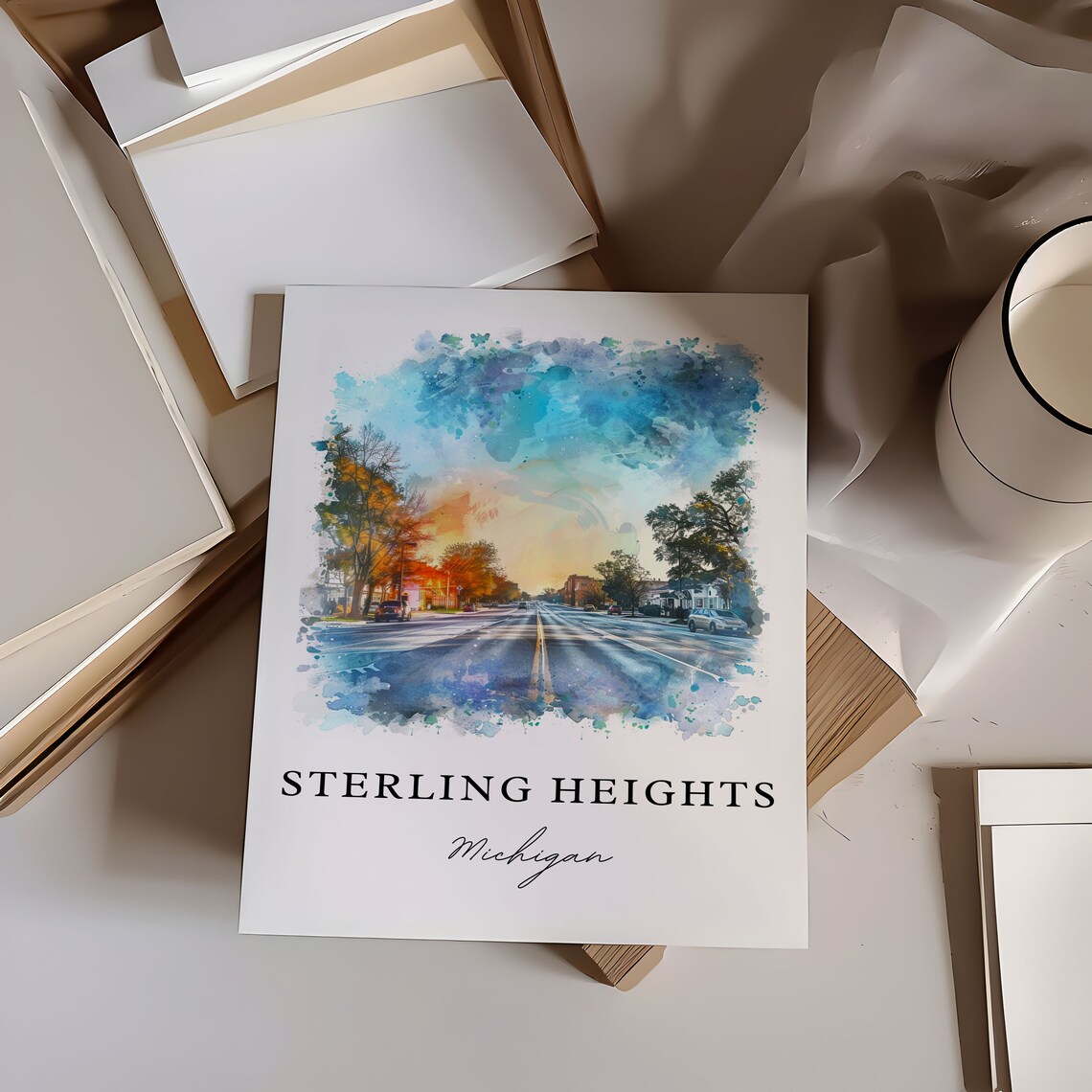 Sterling Heights Michigan Watercolor Sunset Street Scene Poster - Image 6