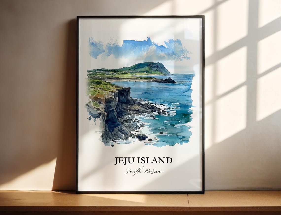 Jeju Island South Korea Volcanic Coast Cliffs Watercolor Travel Poster