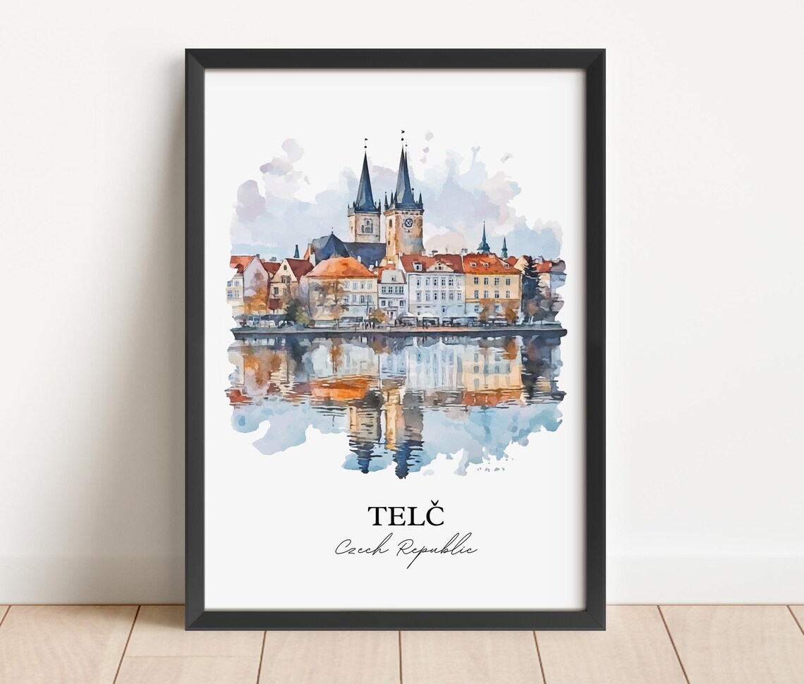 Telc Czech Republic Watercolor Old Town Square View Travel Poster - Image 2