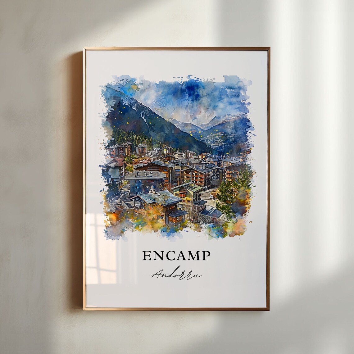 Encamp Andorra Pyrenees Mountain Town Watercolor Travel Poster