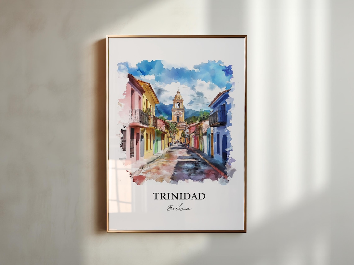Trinidad Bolivia Watercolor Colonial Street Church Travel Poster - Image 5