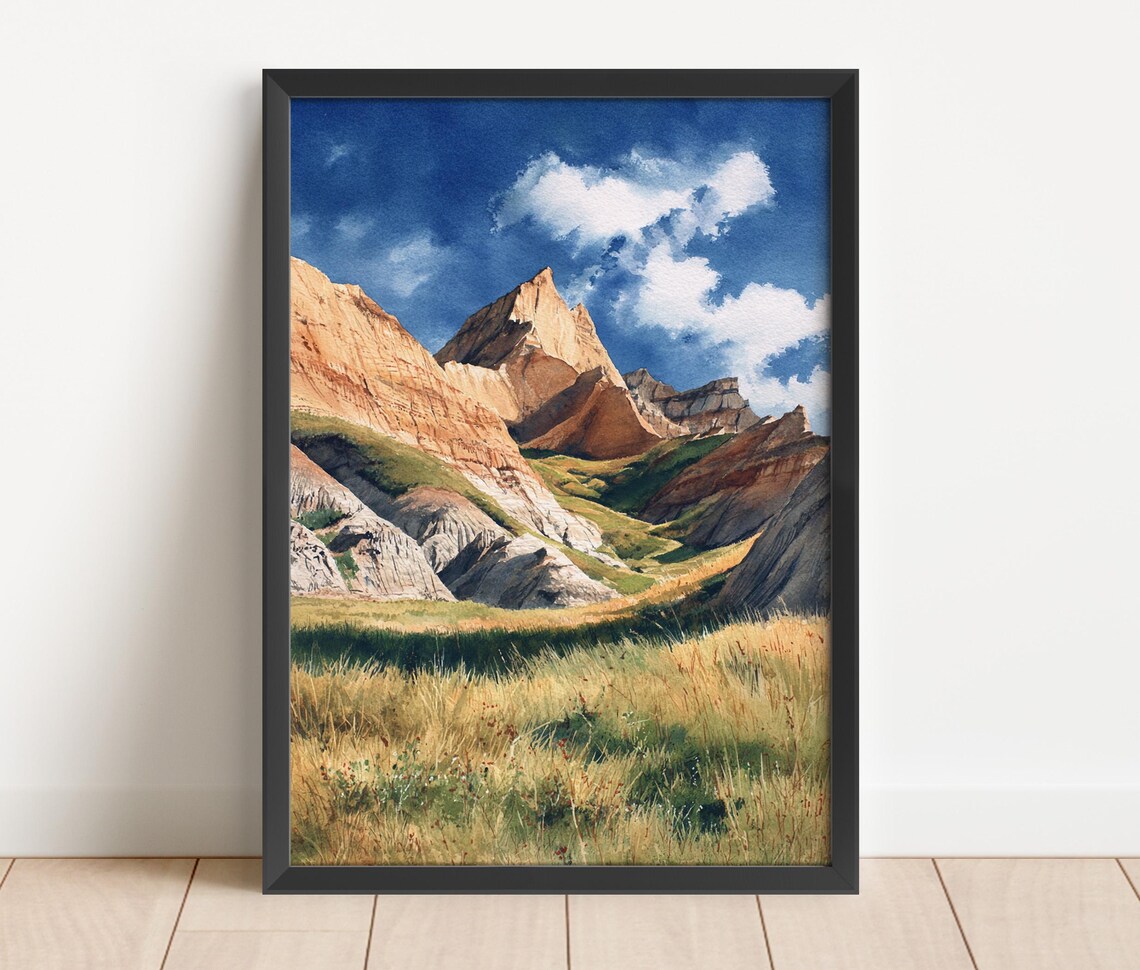 Badlands South Dakota Watercolor Rugged Rock Formations Prairie Wall Art