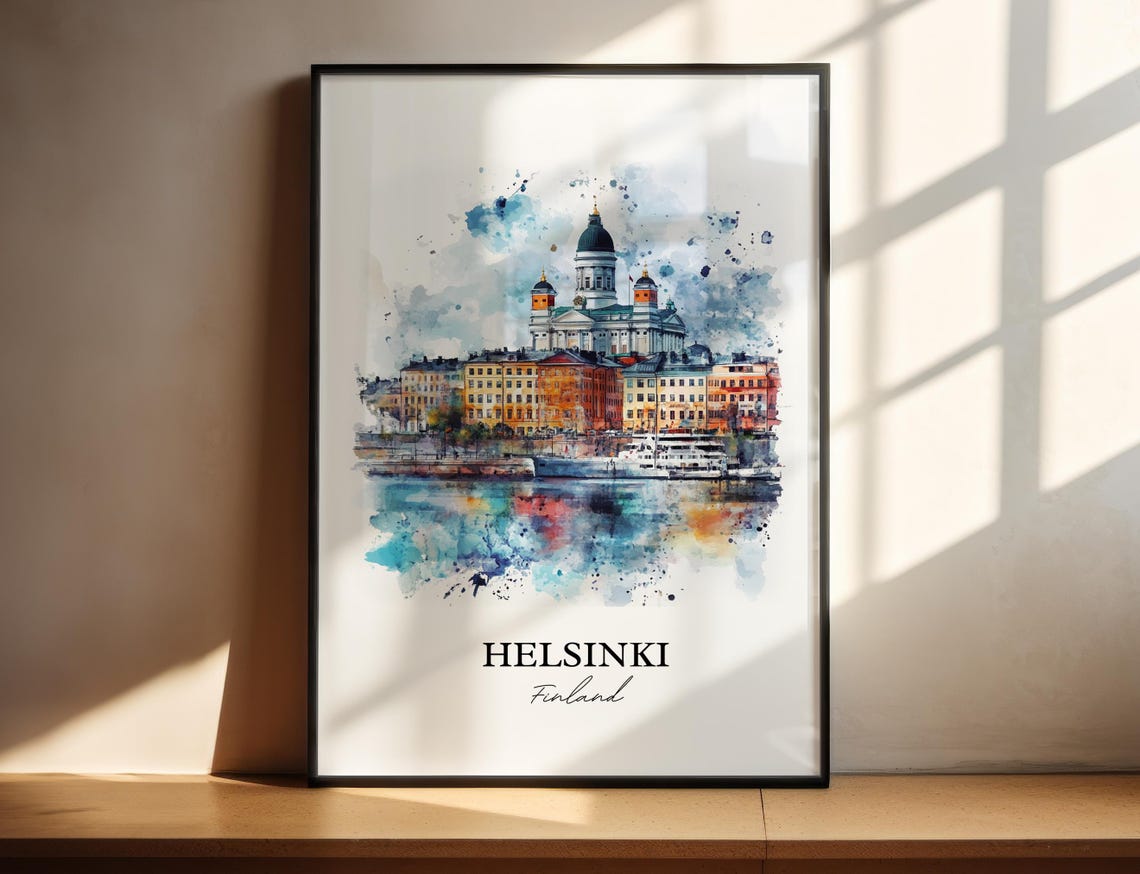 Helsinki Finland Cathedral Harbor Waterfront Watercolor City Poster