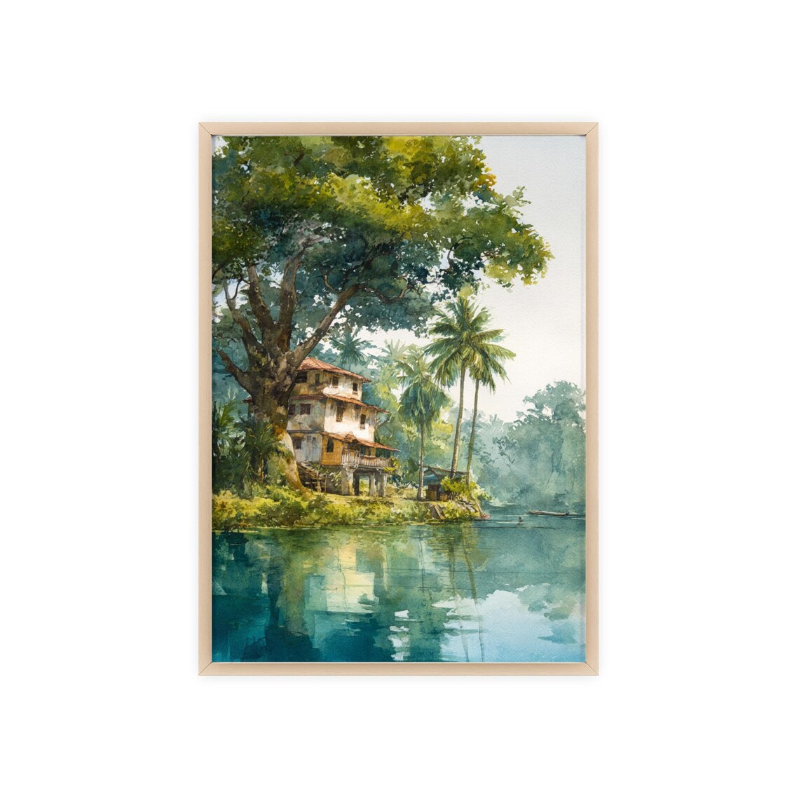 Riverside Stilt House Tropical Palm Tree Watercolor Wall Art