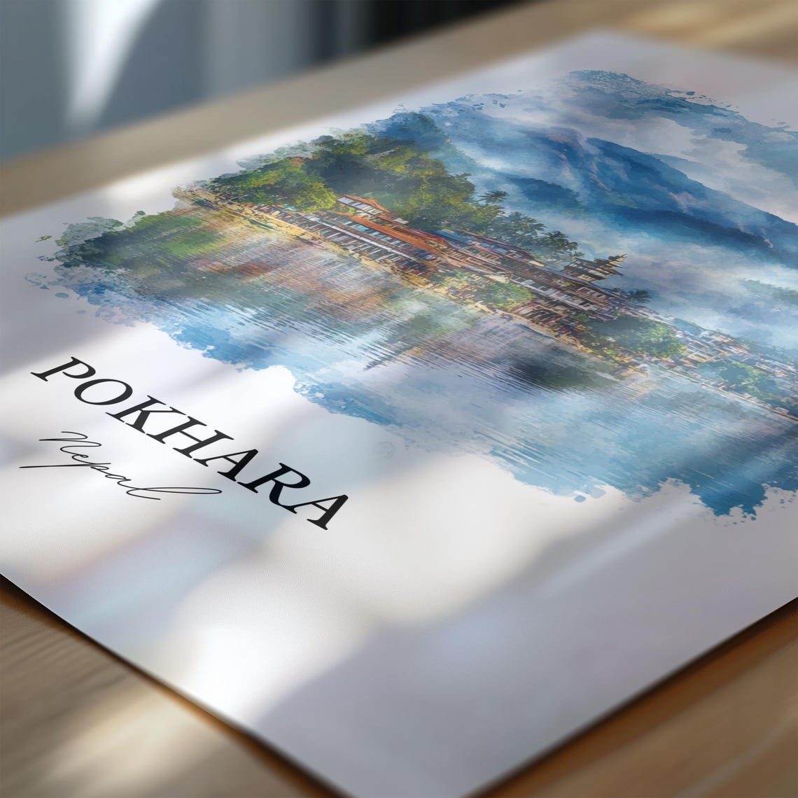 Pokhara Nepal Watercolor Lakeside Temple Mountain View Poster - Image 6