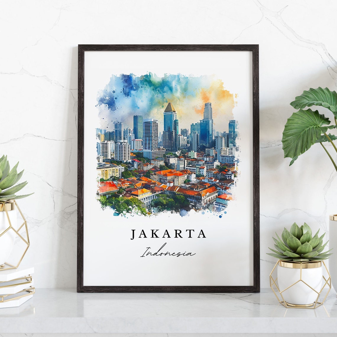Jakarta Indonesia Watercolor City Skyline Urban Travel Poster - Image 3