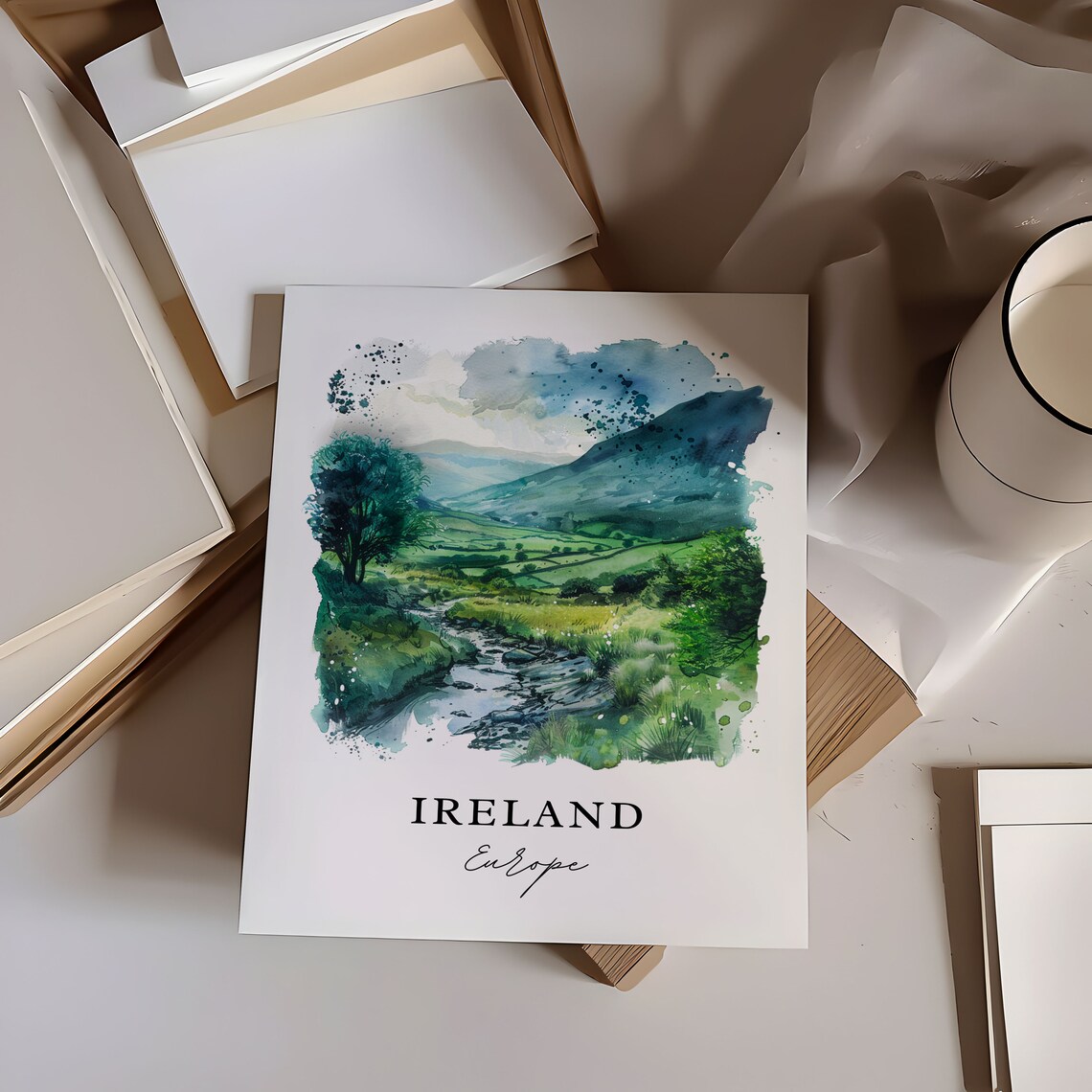 Ireland Green Valley Stream Landscape Watercolor Travel Poster - Image 6