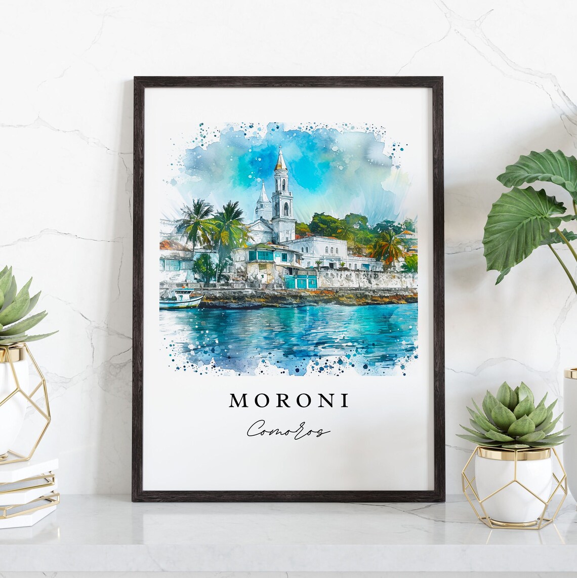 Moroni Comoros Harbor Mosque Watercolor Island Travel Poster - Image 4