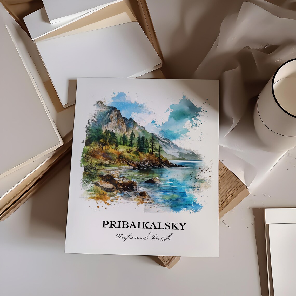 Pribaikalsky National Park Watercolor Mountain Lake Pine Shores Poster - Image 3