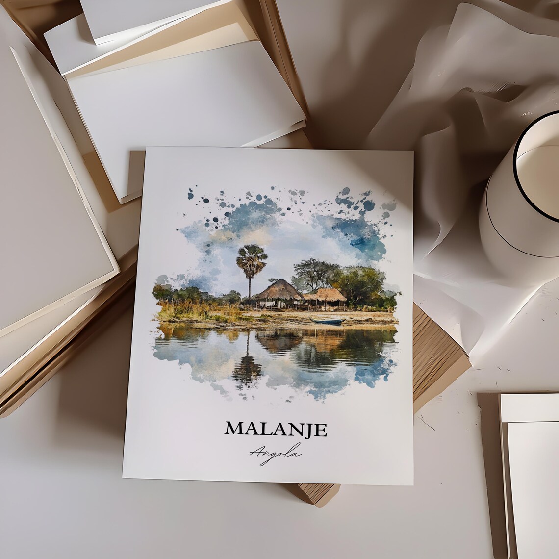 Malanje Angola Riverside Thatched Huts Palm Watercolor Poster - Image 2