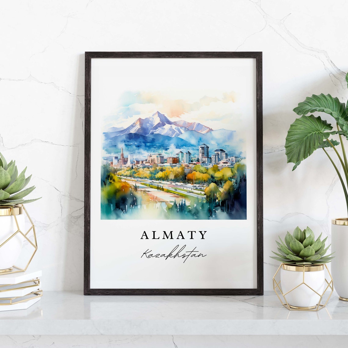 Almaty Kazakhstan Watercolor Art Snow Capped Mountain Skyline Poster - Image 3