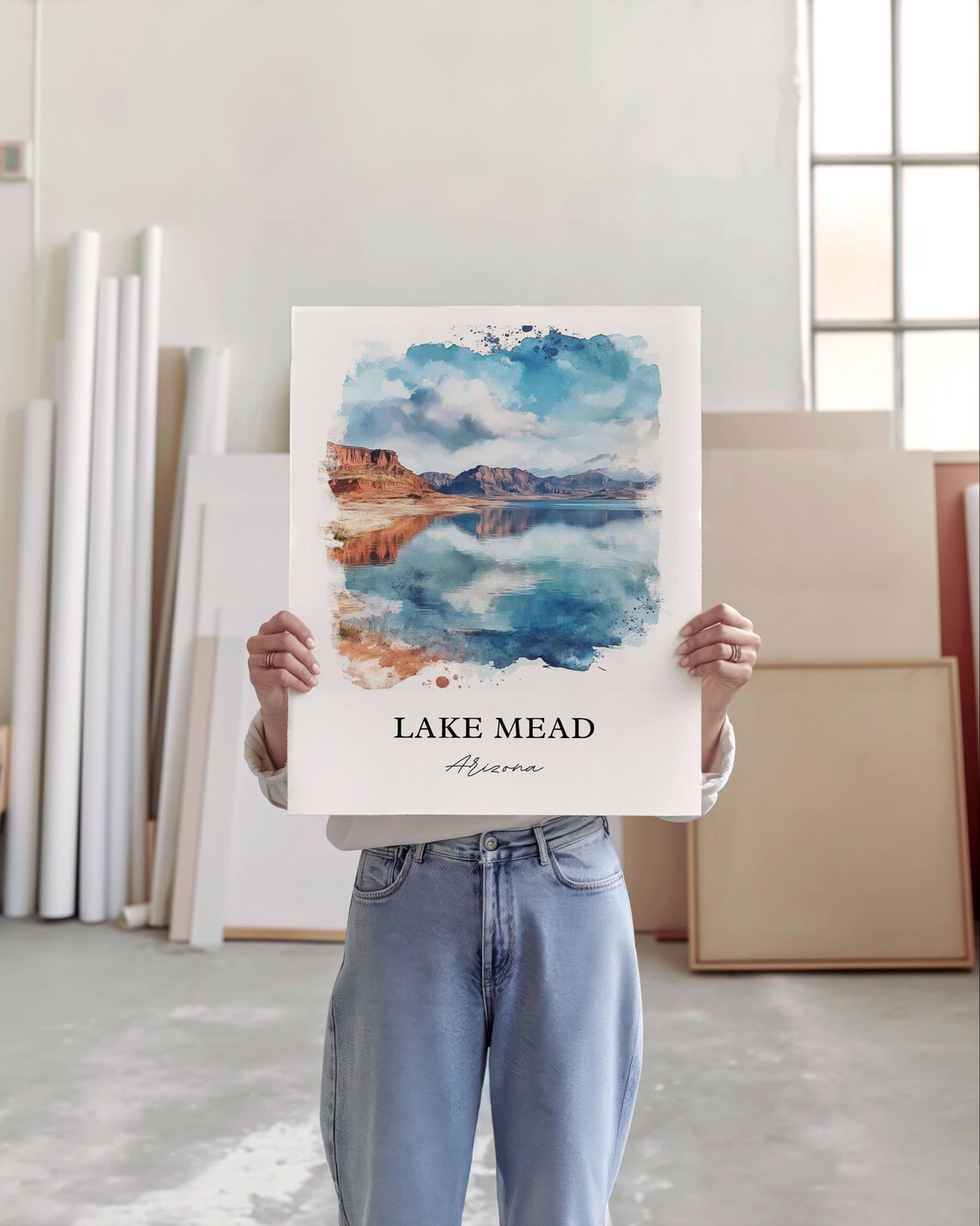 Lake Mead Arizona Red Rock Cliffs Desert Lake Watercolor Travel Poster - Image 2
