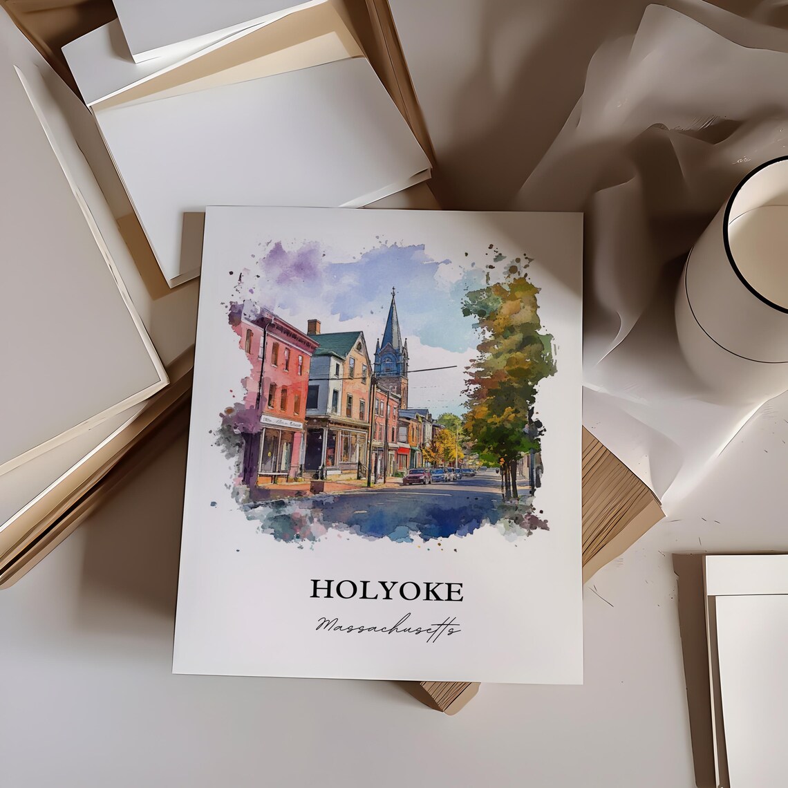 Holyoke Massachusetts Watercolor Church Steeple Street Art Poster - Image 4