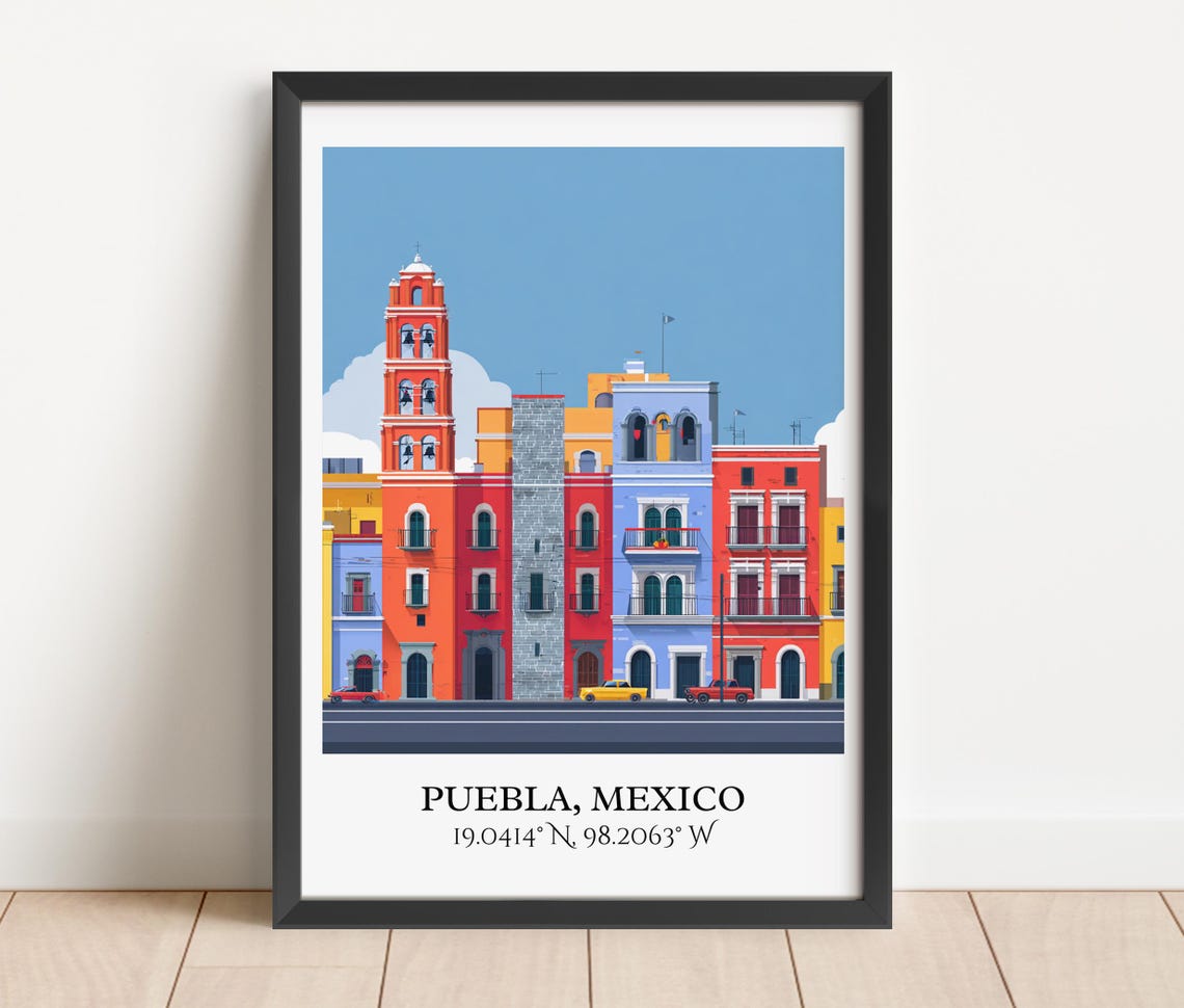 Puebla Mexico Colonial Bell Tower Old Street Retro Travel Poster - Image 5