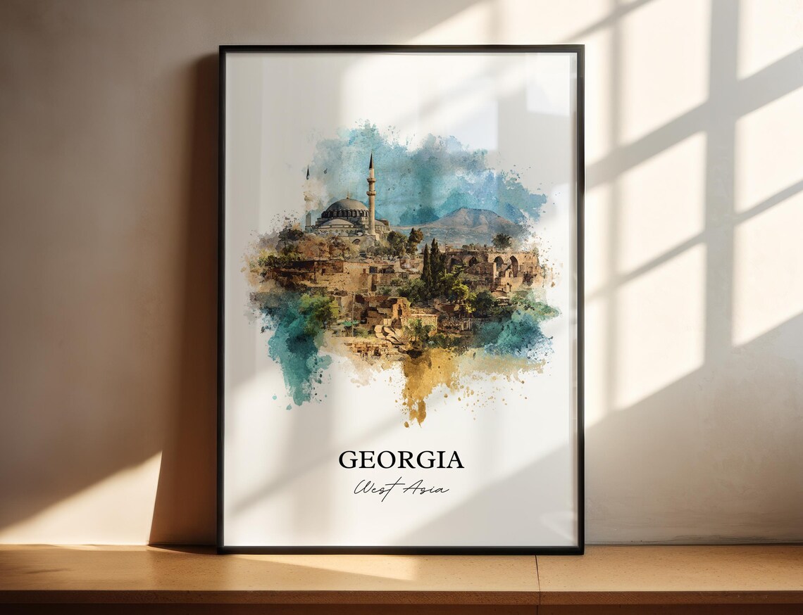 Georgia Old Hilltop Town Domed Sanctuary Watercolor Travel Poster