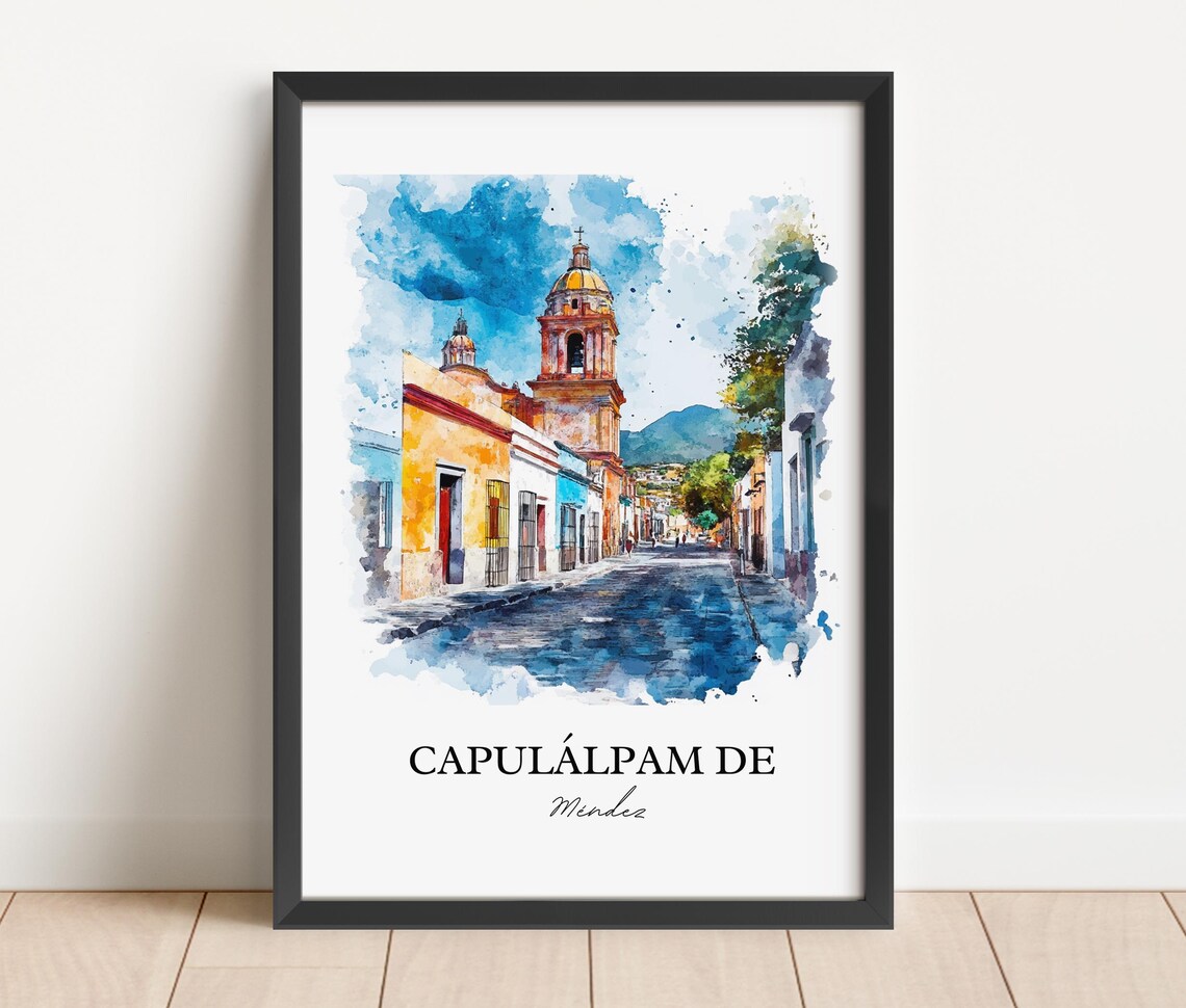 Capulalpam de Mendez Oaxaca Cobblestone Street Watercolor Poster - Image 4