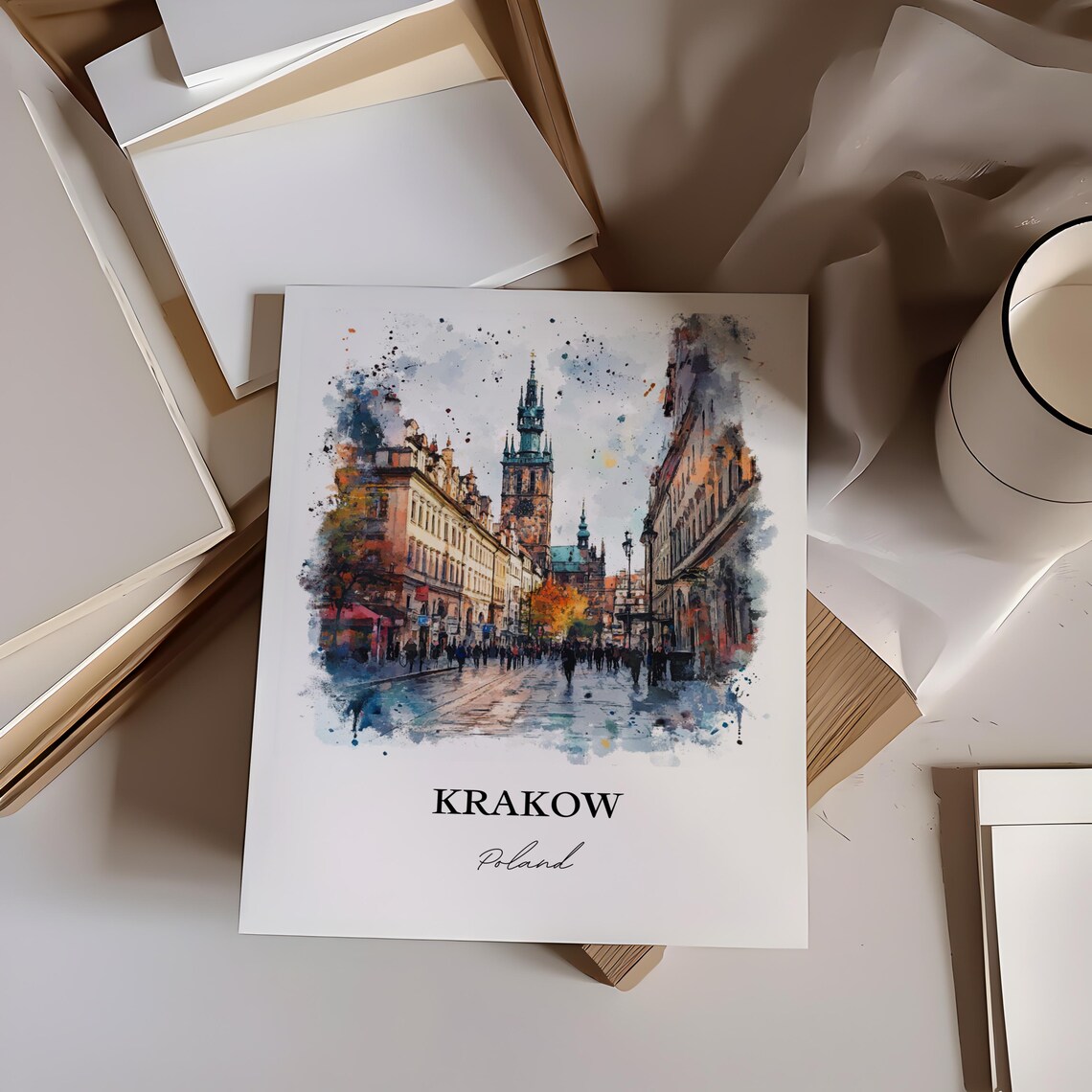 Krakow Poland Old Town St Mary Tower Street Watercolor Travel Poster - Image 3