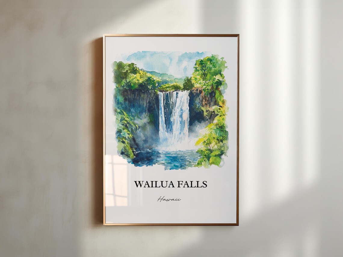 Wailua Falls Hawaii Lush Jungle Waterfall Watercolor Travel Poster - Image 2