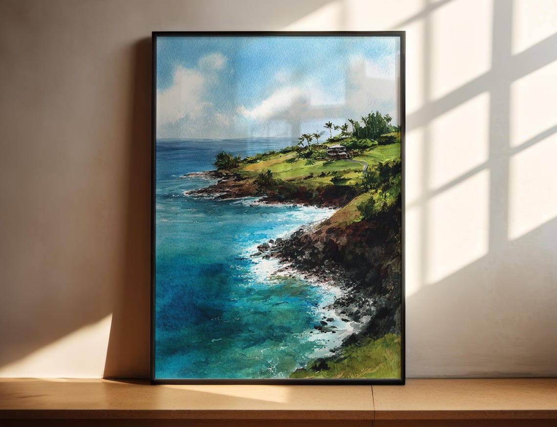 Maui Hawaii Coastal Cliffs Turquoise Ocean Watercolor Wall Poster