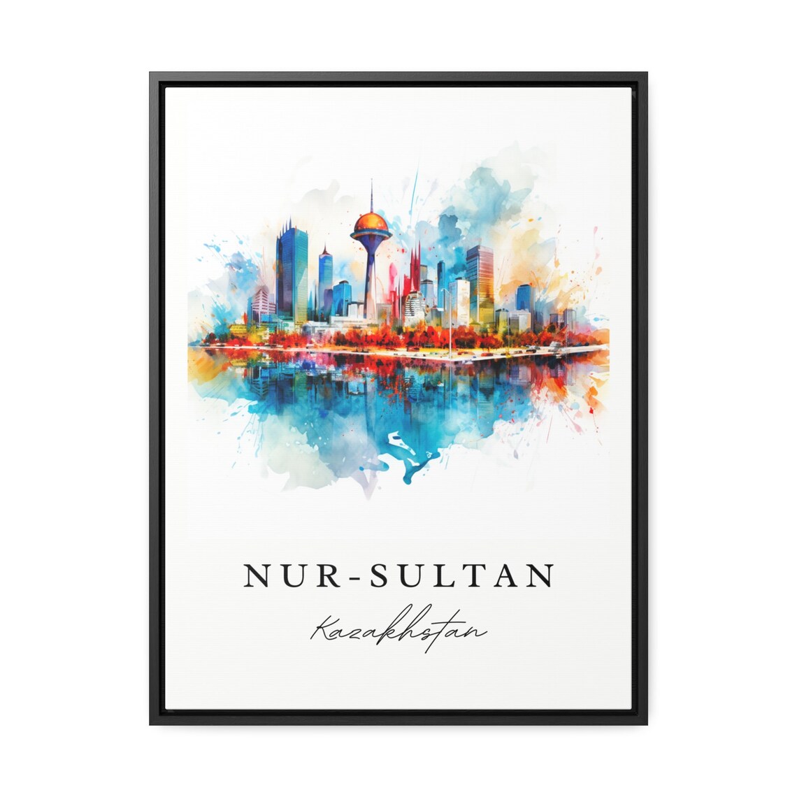 Nur Sultan Kazakhstan Watercolor Modern Skyline Golden Sphere Tower Poster - Image 3