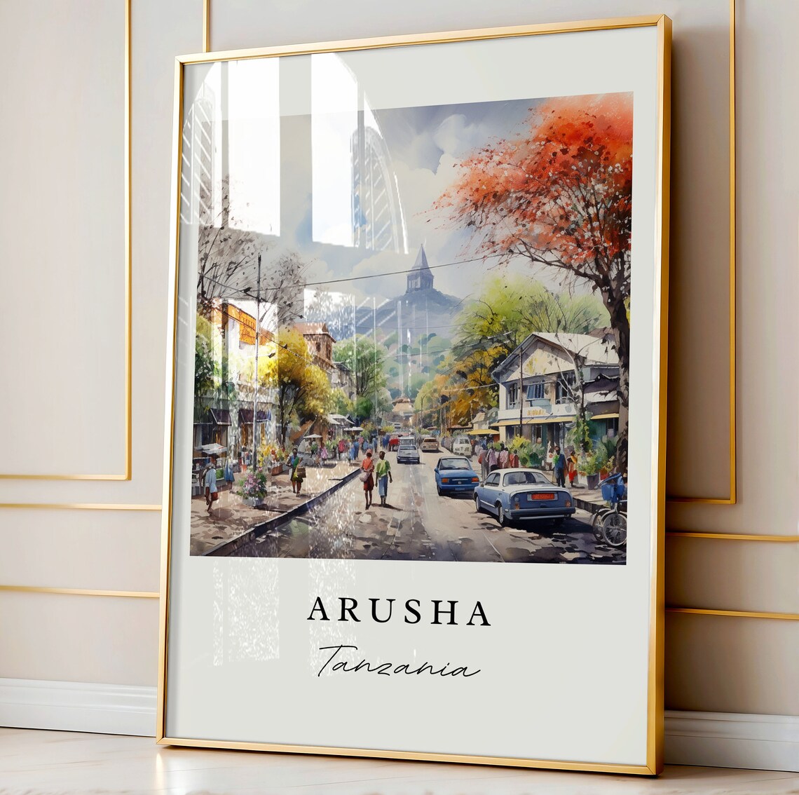 Arusha Tanzania Busy Street Scene Mountain Watercolor Poster - Image 3
