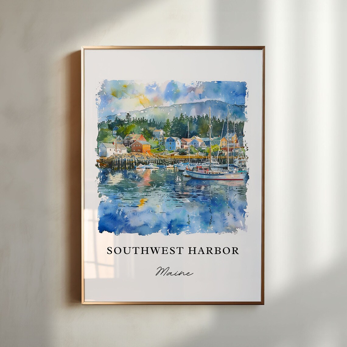 Southwest Harbor Maine Fishing Boats Watercolor Print Home Decor
