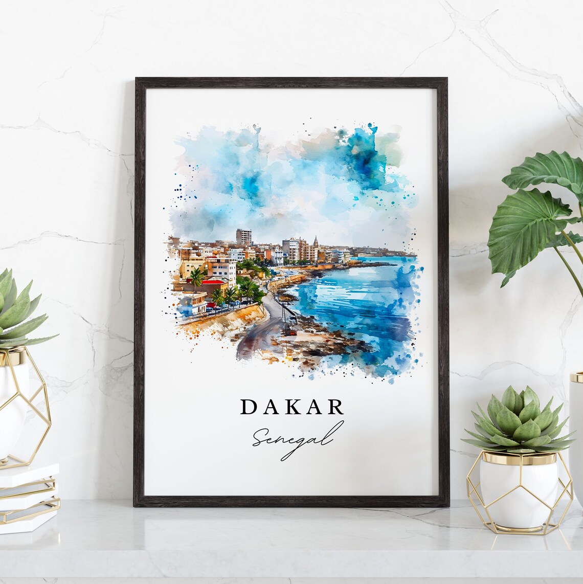 Dakar Senegal Watercolor Coastal City Skyline Ocean Travel Poster - Image 3
