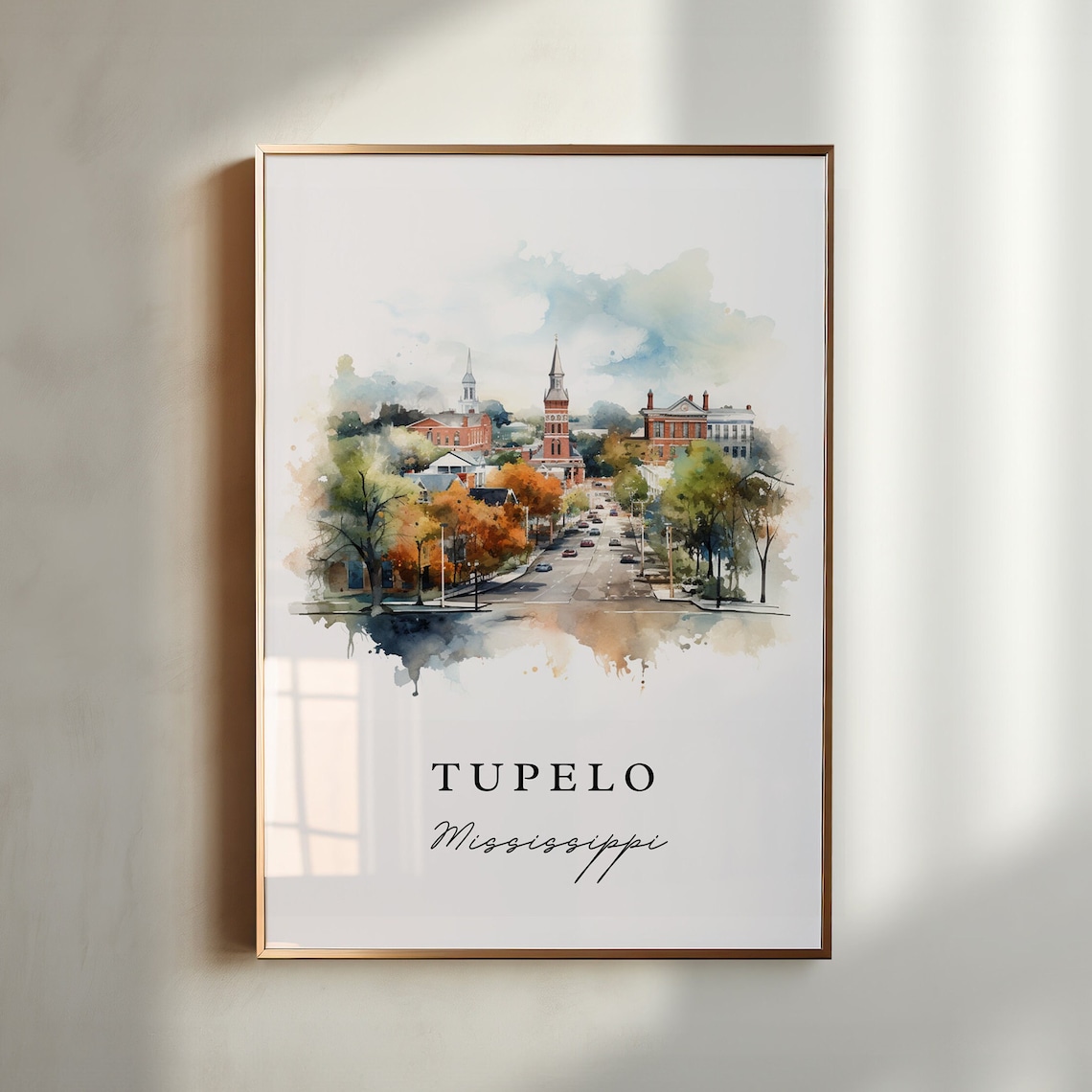 Tupelo Mississippi Downtown Church Towers Watercolor Art Print