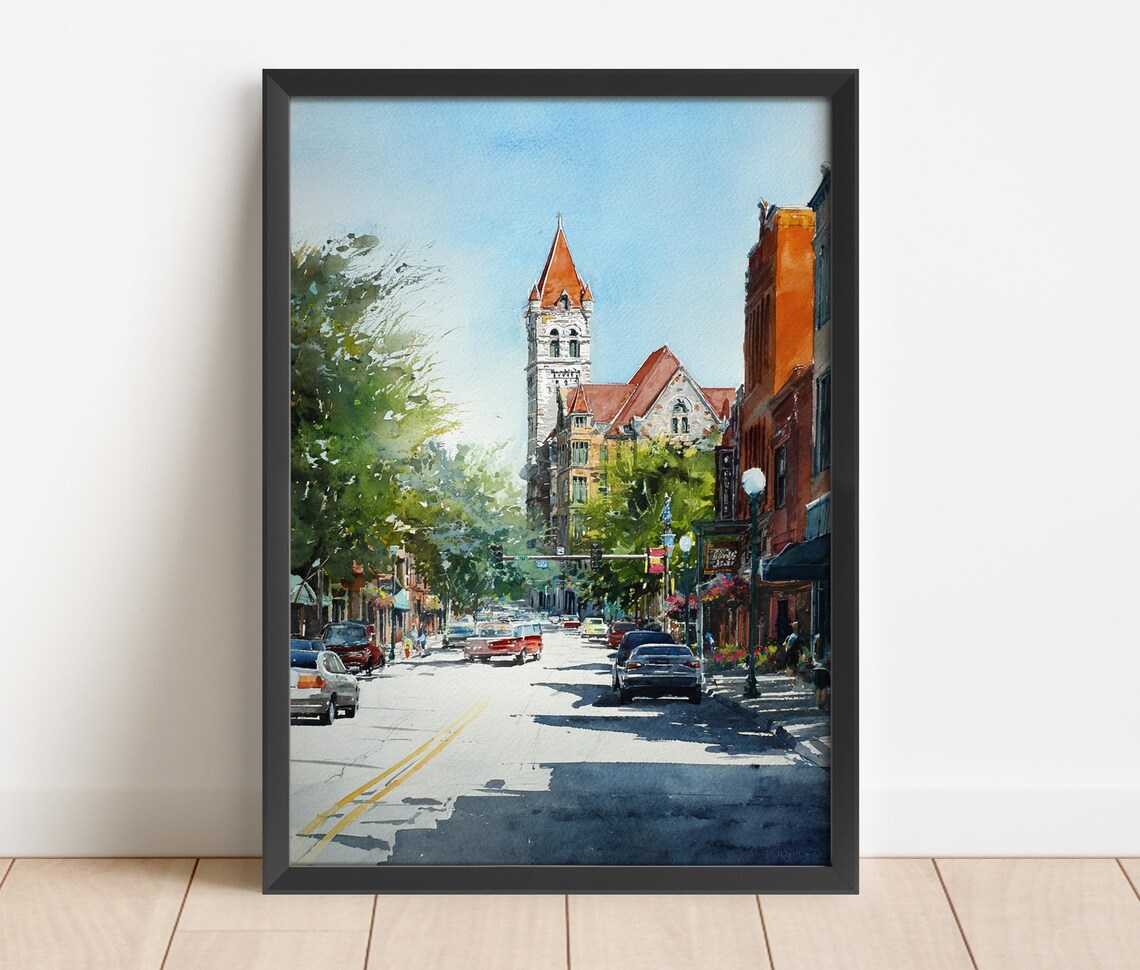 Iowa City Downtown Watercolor Poster with Historic Church Spire Street