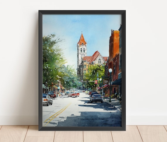 Iowa City Downtown Watercolor Poster with Historic Church Spire Street