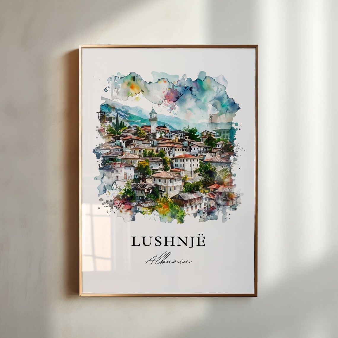 Lushnje Albania Hillside Old Town Charming Watercolor Travel Poster