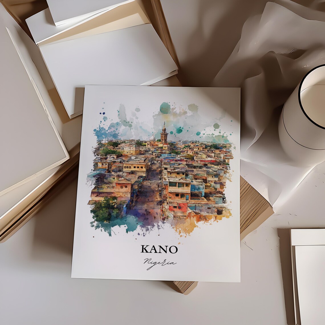 Kano Nigeria Ancient City Watercolor Aerial View Travel Art Poster - Image 4