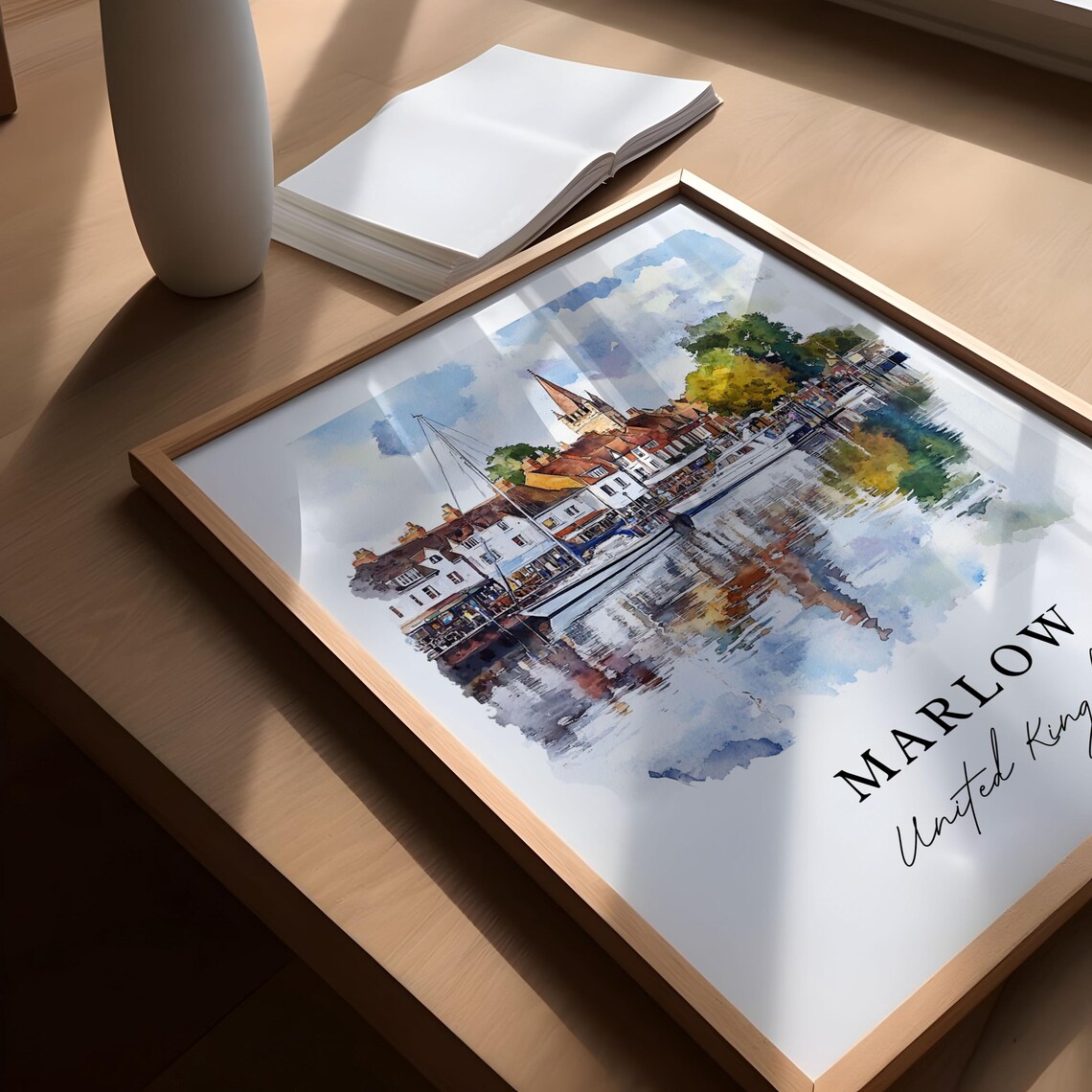 Marlow United Kingdom Watercolor Harbour Sailboats Town Poster - Image 5