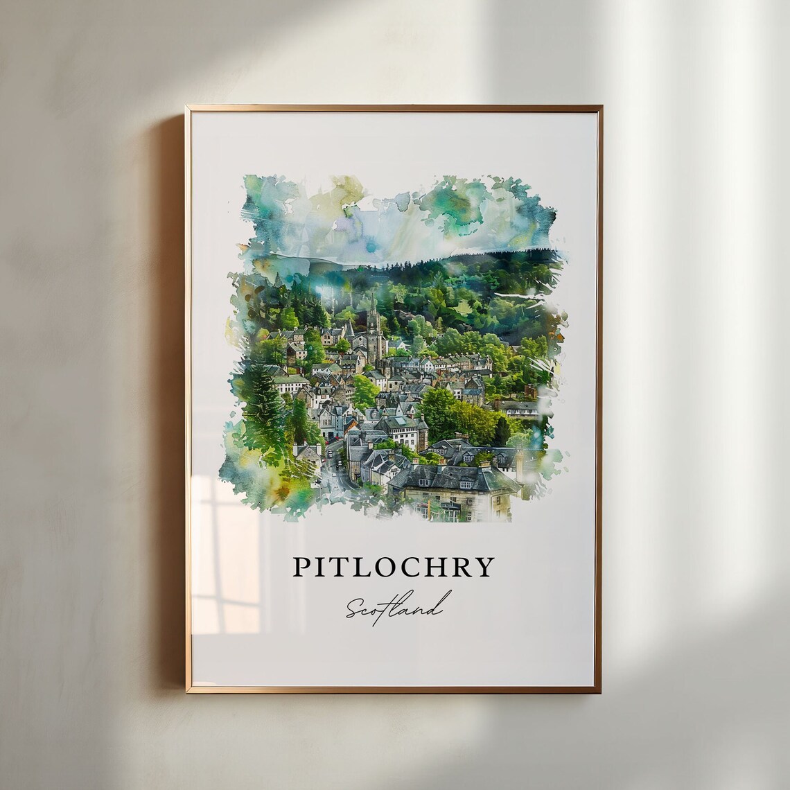 Pitlochry Scotland Highland Town Green Valley Watercolor Travel Poster