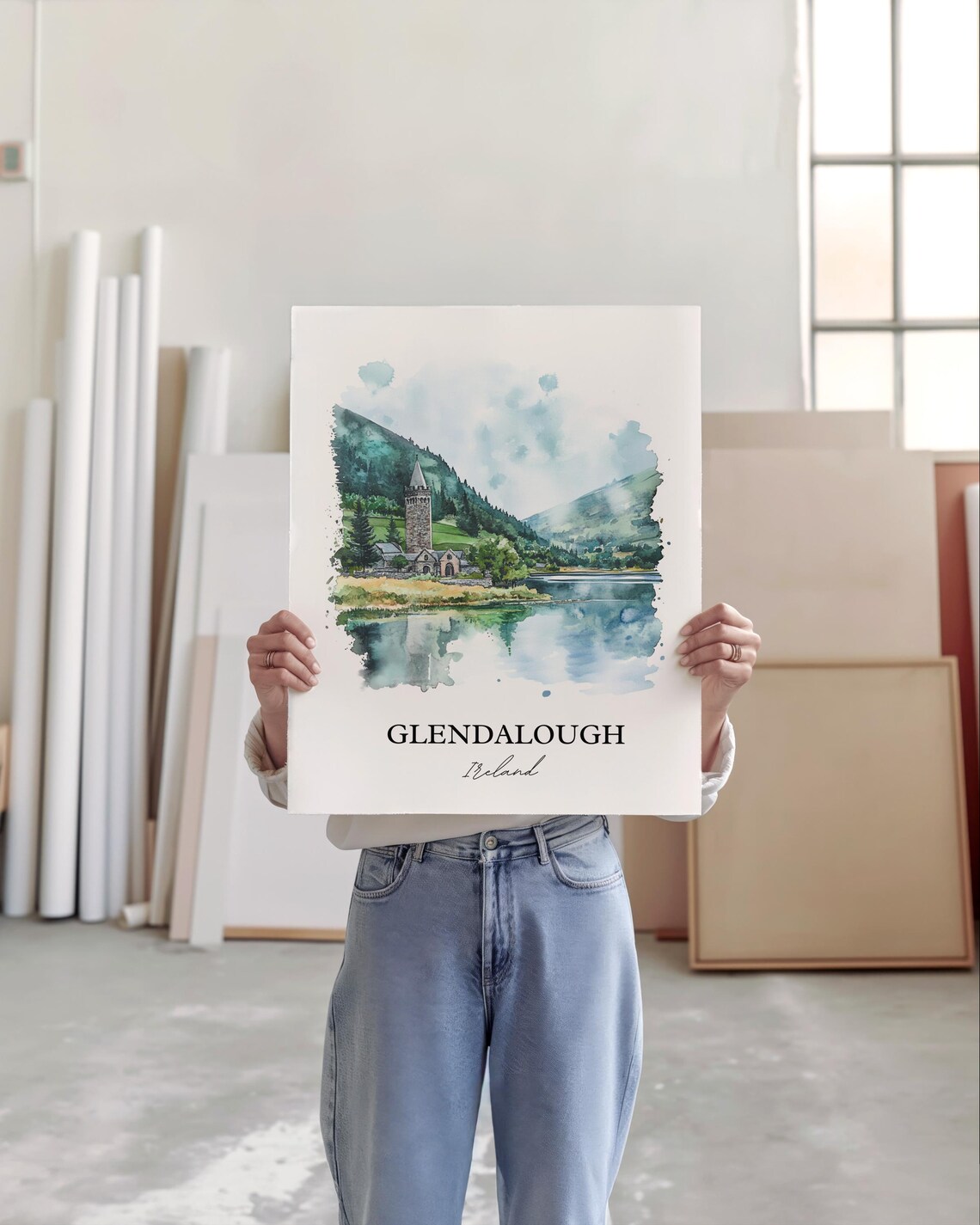 Glendalough Ireland Round Tower Lake Watercolor Travel Poster - Image 5