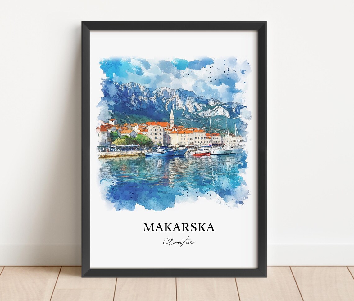 Makarska Croatia Harbor and Mountain Coastline Watercolor Poster - Image 2