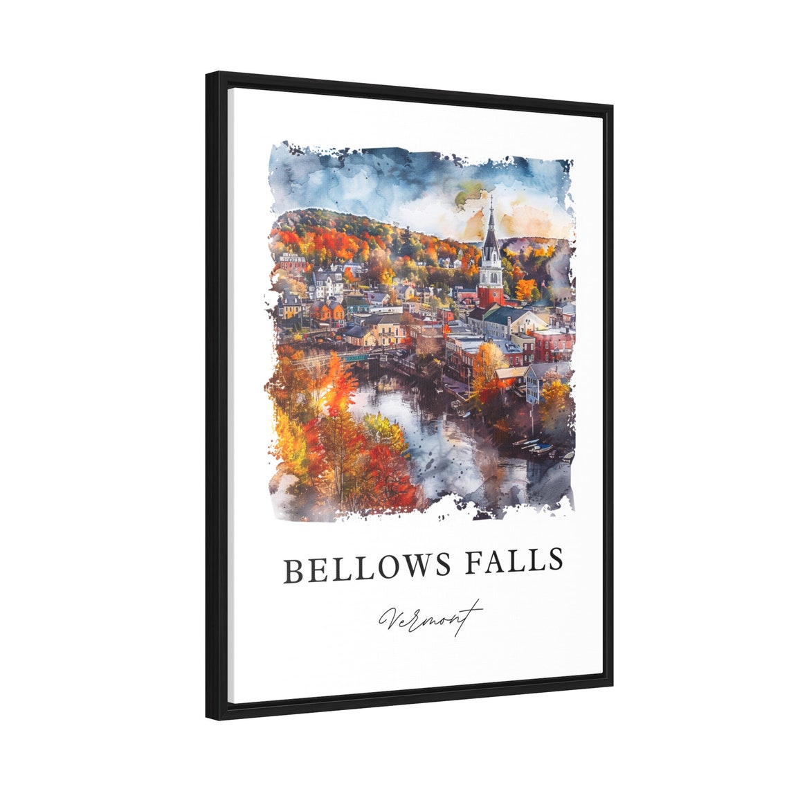 Bellows Falls Vermont River Town Fall Foliage Watercolor Art Poster - Image 2