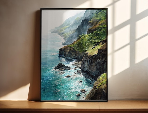 Watercolor Rugged Coastal Cliffs Turquoise Ocean Seascape Art Poster