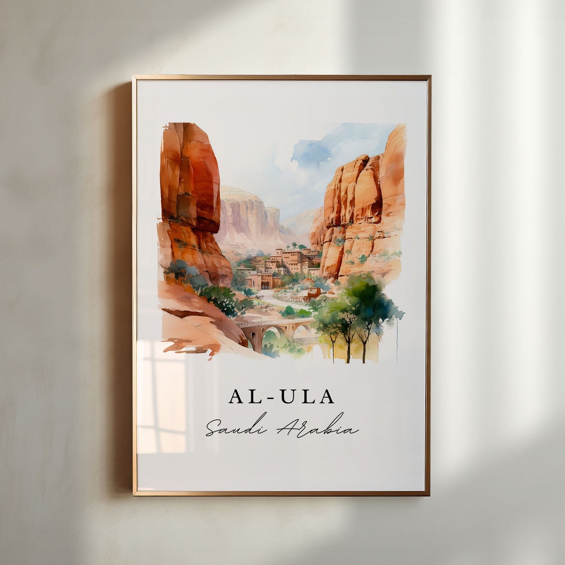 Al Ula Saudi Arabia Watercolor Red Rock Desert Canyon Oasis Poster