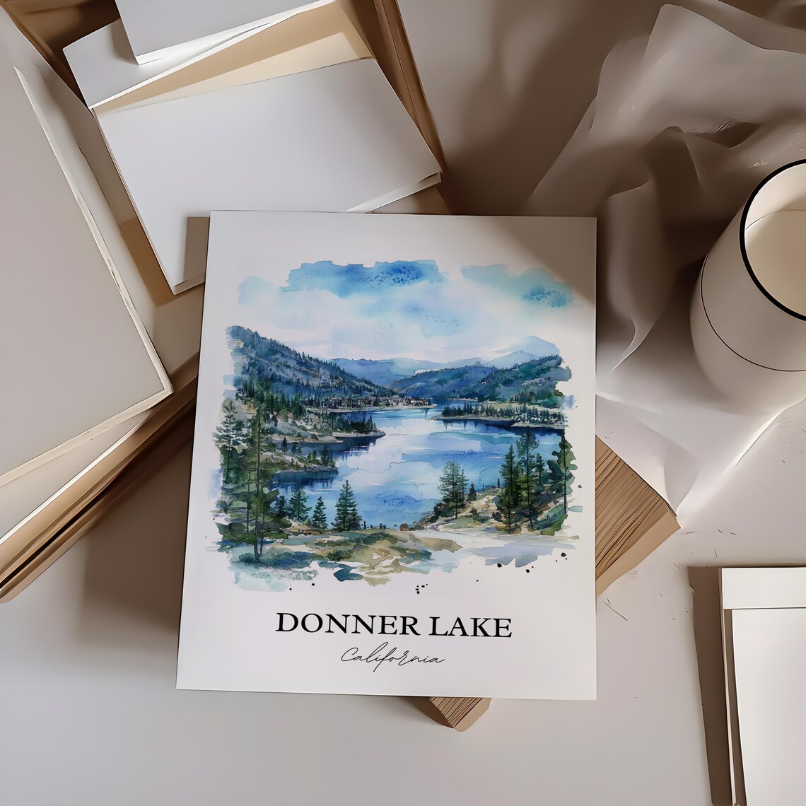 Donner Lake California Alpine Watercolor Mountain Landscape Poster - Image 3