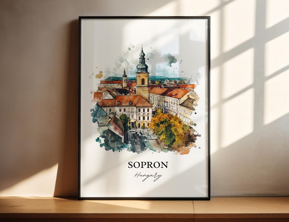 Sopron Hungary Watercolor Church Tower Old Town Red Roofs View Poster