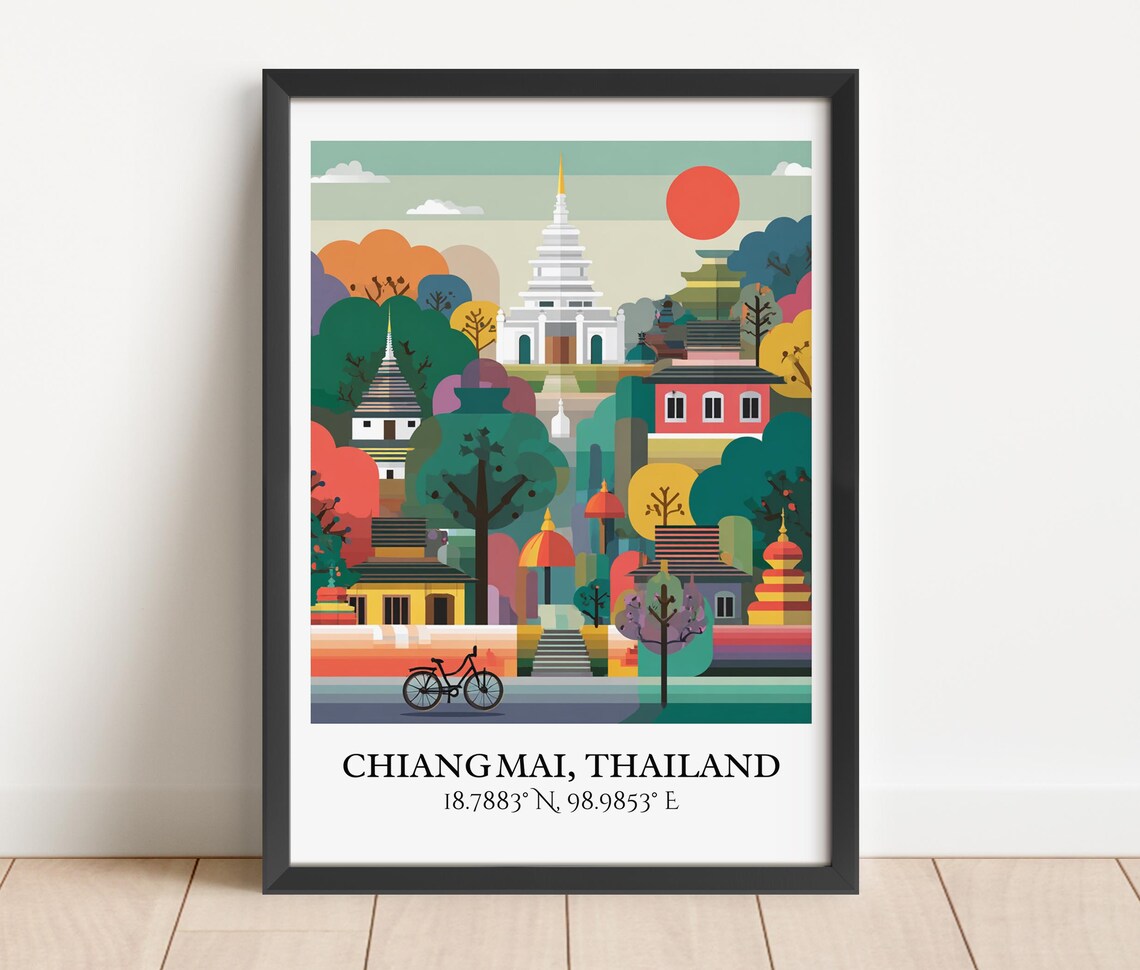 Chiang Mai Thailand Red Sunset Temple Flat Illustration Art Poster - Image 2