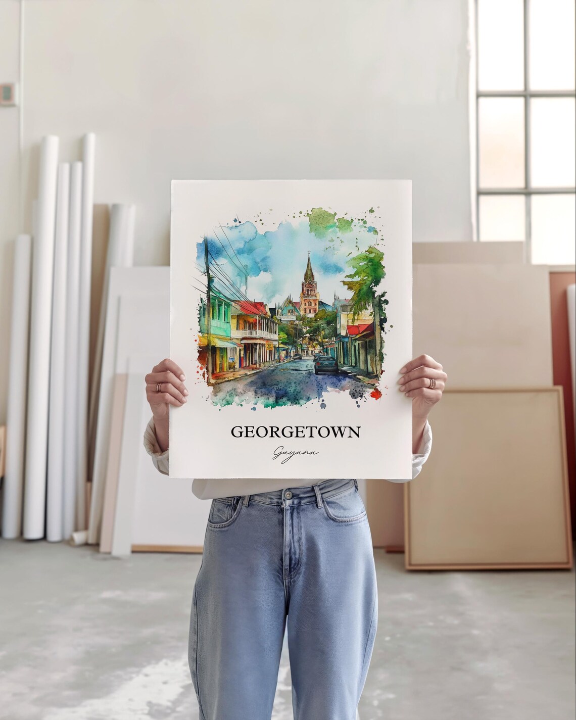 Georgetown Guyana Colorful Street Scene Watercolor Travel Poster - Image 3