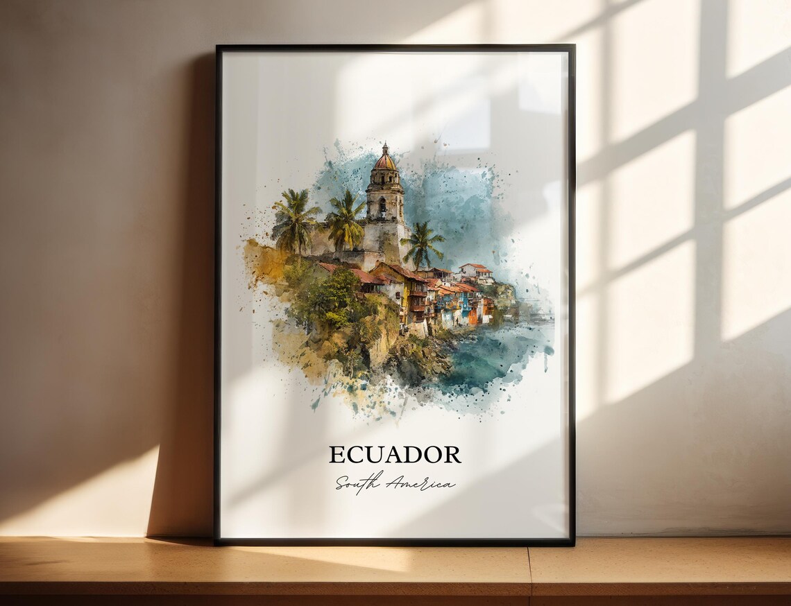Ecuador Watercolor Coastal Village Hilltop Church Travel Poster