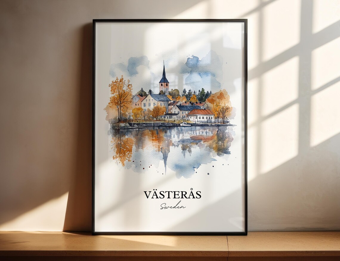 Vasteras Sweden Autumn Lakeside Town Watercolor Travel Poster