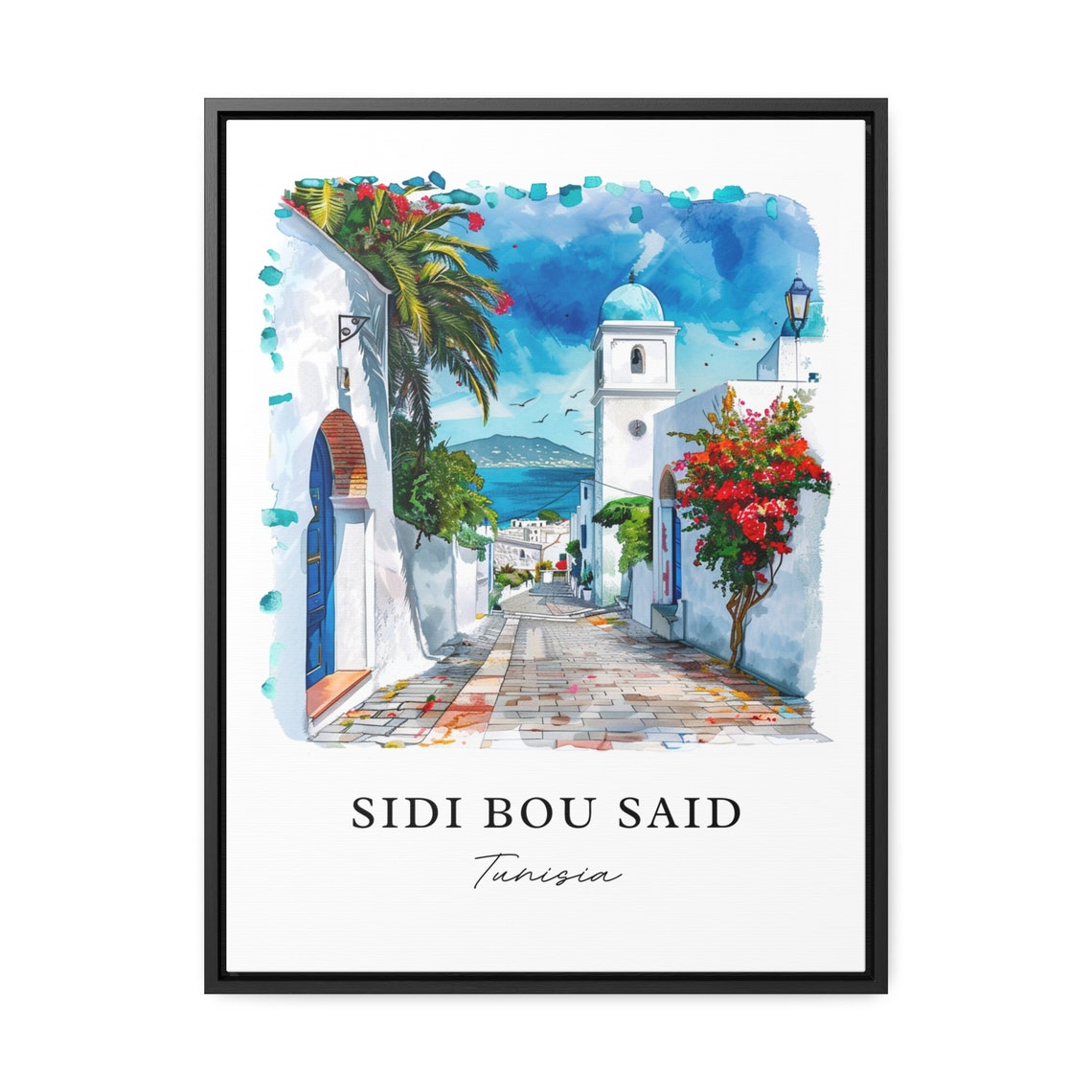 Sidi Bou Said Tunisia Watercolor Blue White Village Street Print - Image 3