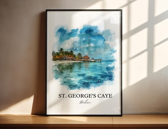 St Georges Caye Belize Beach Watercolor Tropical Ocean Scene Poster
