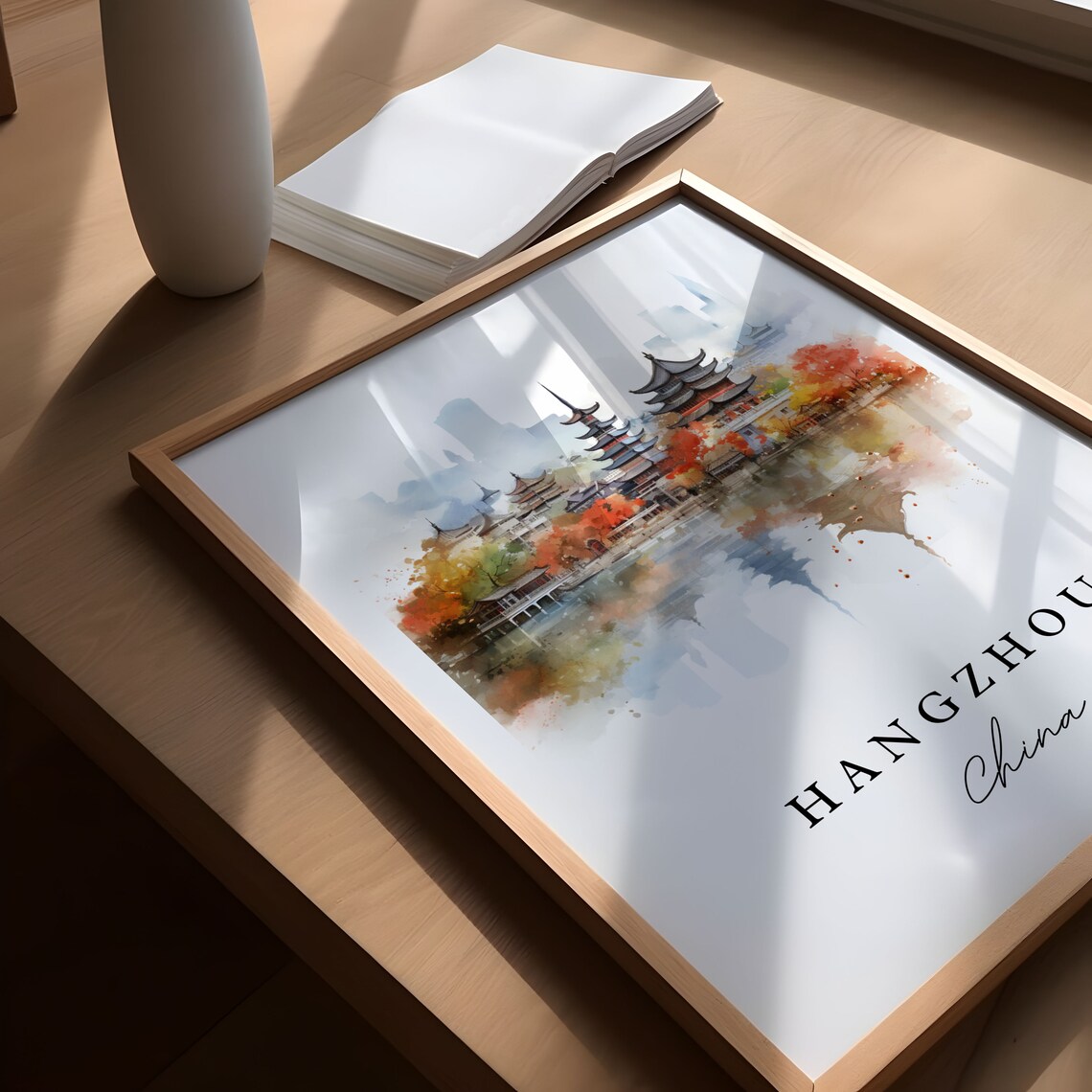 Hangzhou China Watercolor West Lake Pagodas Autumn Travel Poster - Image 6