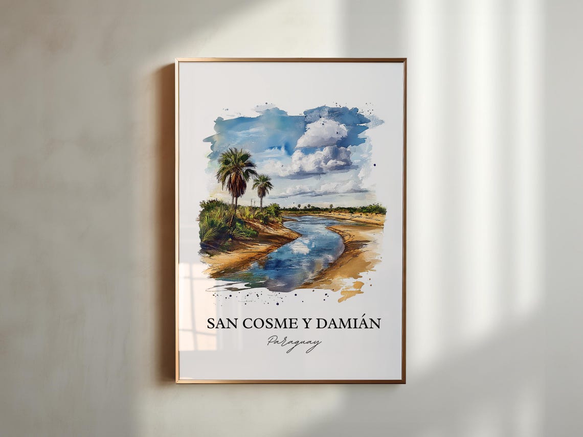 San Cosme y Damián Paraguay Watercolor River Palms Scene Poster - Image 4
