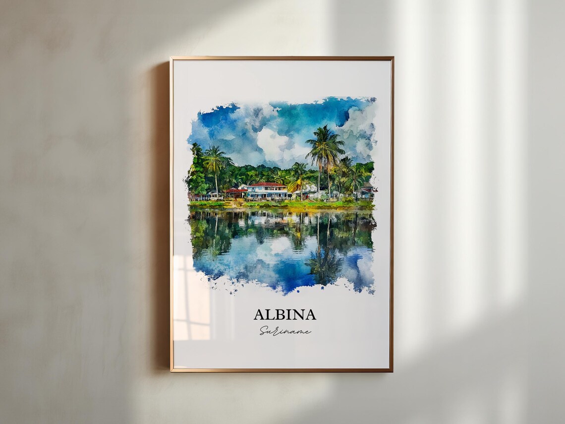Albina Suriname Watercolor Palm River Reflection Travel Art Poster - Image 4